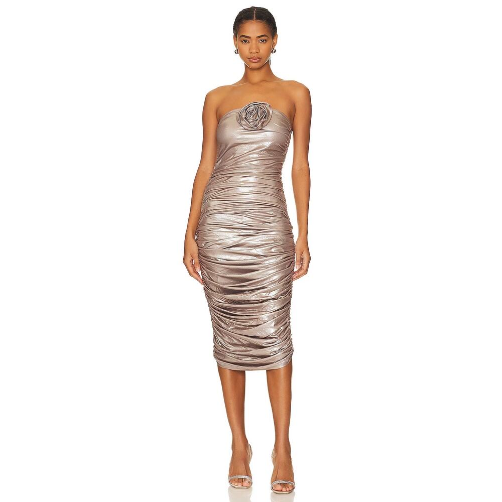 Bahia Maria Roxanne Midi Dress Strapless Ruched Rosette Party Cocktail Prom S - Picture 2 of 11
